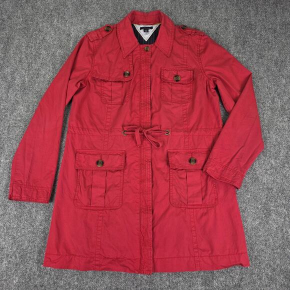Tommy Hilfiger Jackets & Blazers - Tommy Hilfiger Coat Womens Large Red Utility Full Zip Trench Coat Pockets Jacket